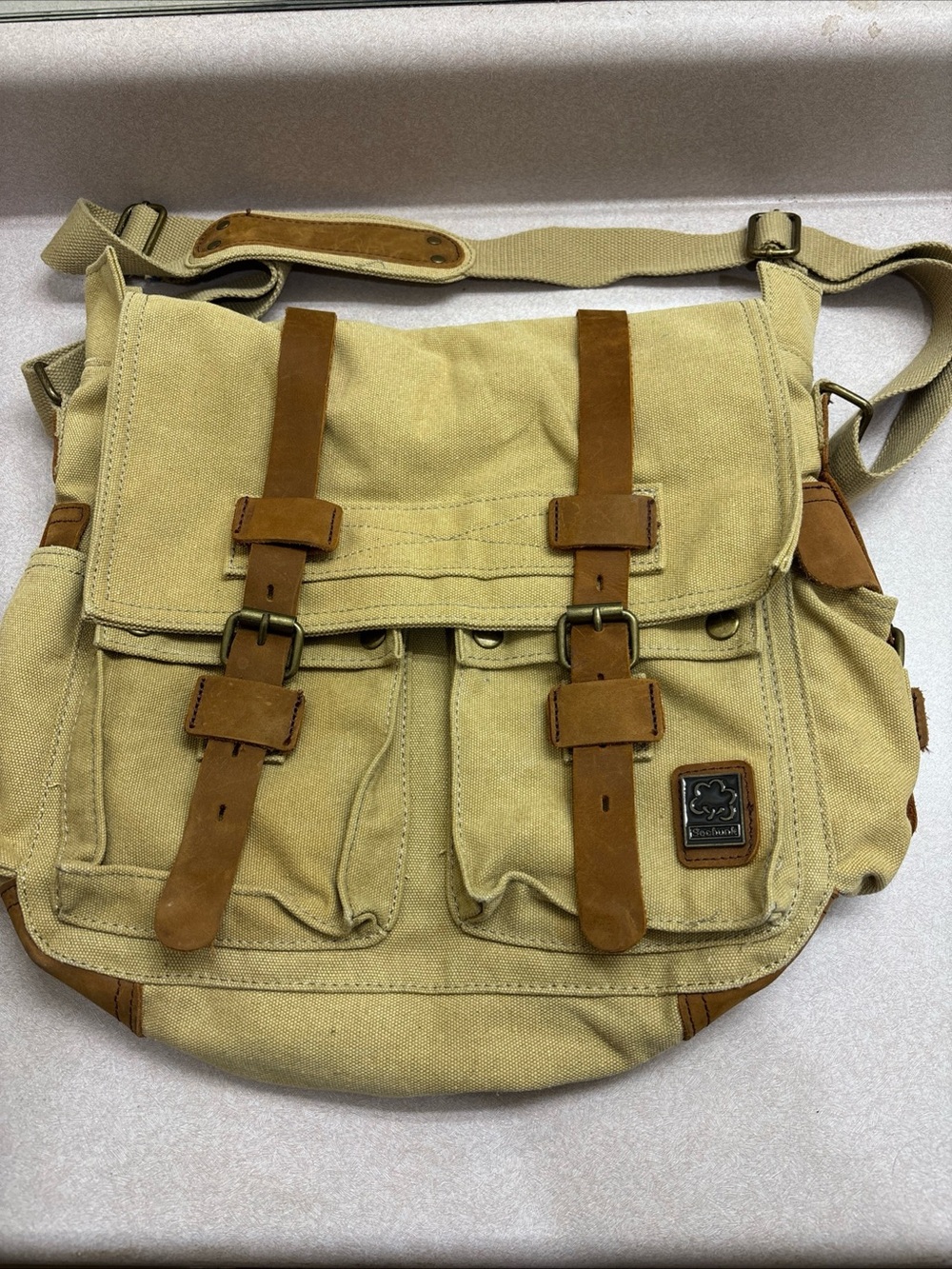 Sechunk Vintage Military Leather Brown Sand Canvas Messenger Satchel Bag Large